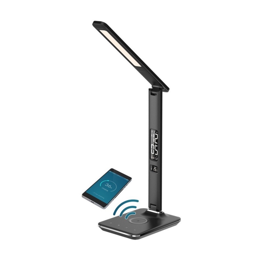 LED Dimmelhető asztali lámpa vezeték nélküli töltéssel QI és USB KINGFISHER LED/8,5W/230V fekete