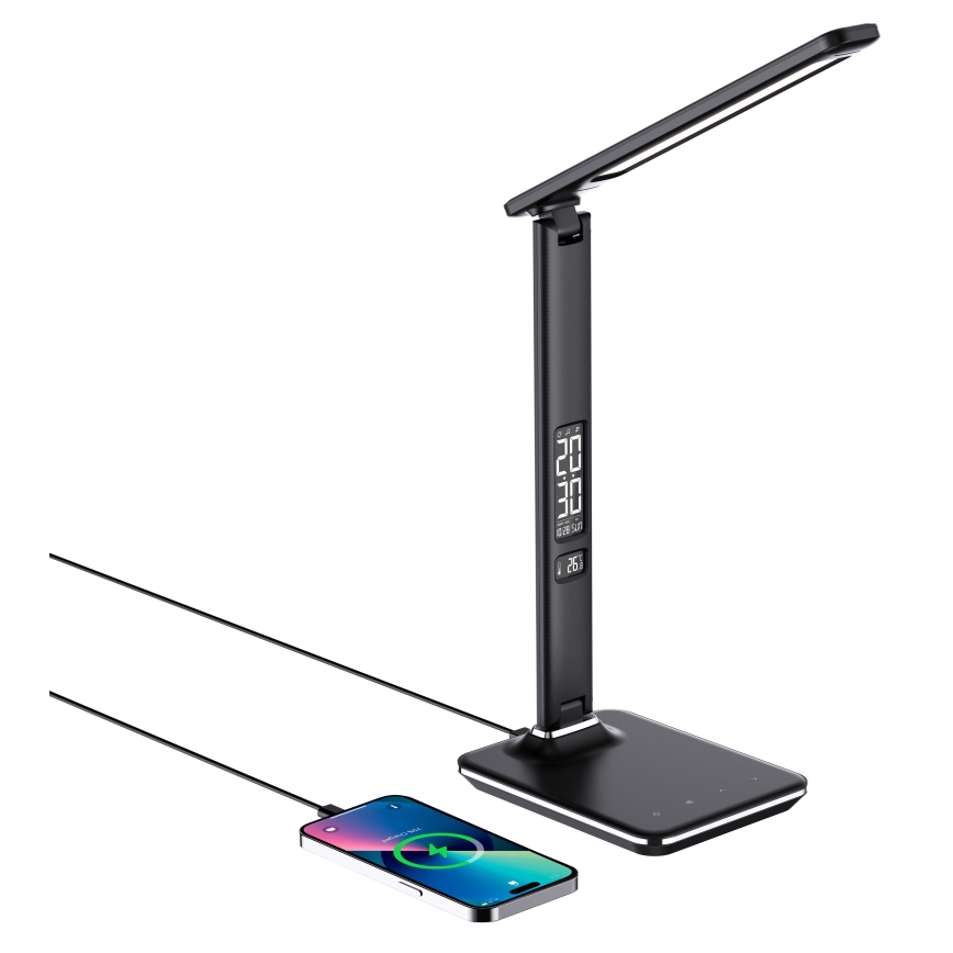 LED Dimmelhető asztali lámpa vezeték nélküli töltéssel QI és USB KINGFISHER LED/8,5W/230V fekete