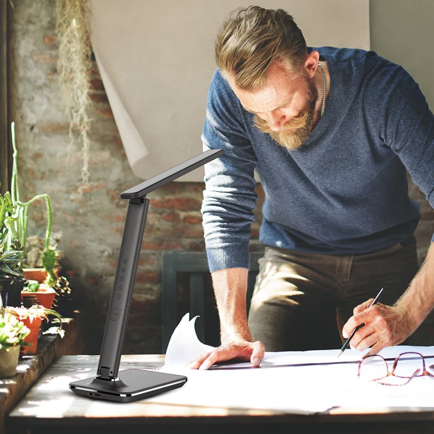 LED Dimmelhető asztali lámpa vezeték nélküli töltéssel QI és USB KINGFISHER LED/8,5W/230V fekete