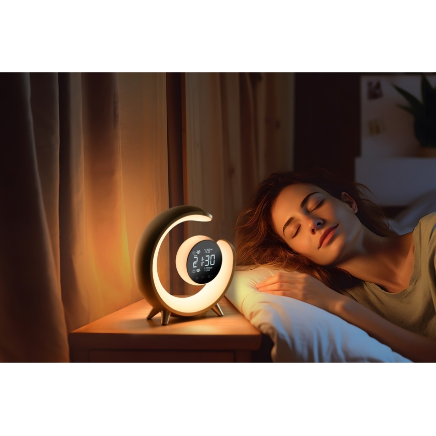 LED RGBW állítható fényerejű asztali lámpa ébresztőórával PEACOCK LED/20W/5V USB