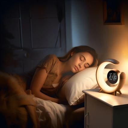 LED RGBW állítható fényerejű asztali lámpa ébresztőórával PEACOCK LED/20W/5V USB