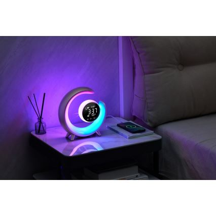 LED RGBW állítható fényerejű asztali lámpa ébresztőórával PEACOCK LED/20W/5V USB