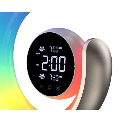 LED RGBW állítható fényerejű asztali lámpa ébresztőórával PEACOCK LED/20W/5V USB