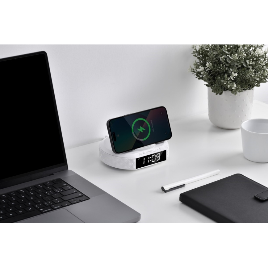 Ébresztőóra LCD kijelzővel és 27W/9V vezeték nélküli Qi töltővel, 220 mAh, fehér