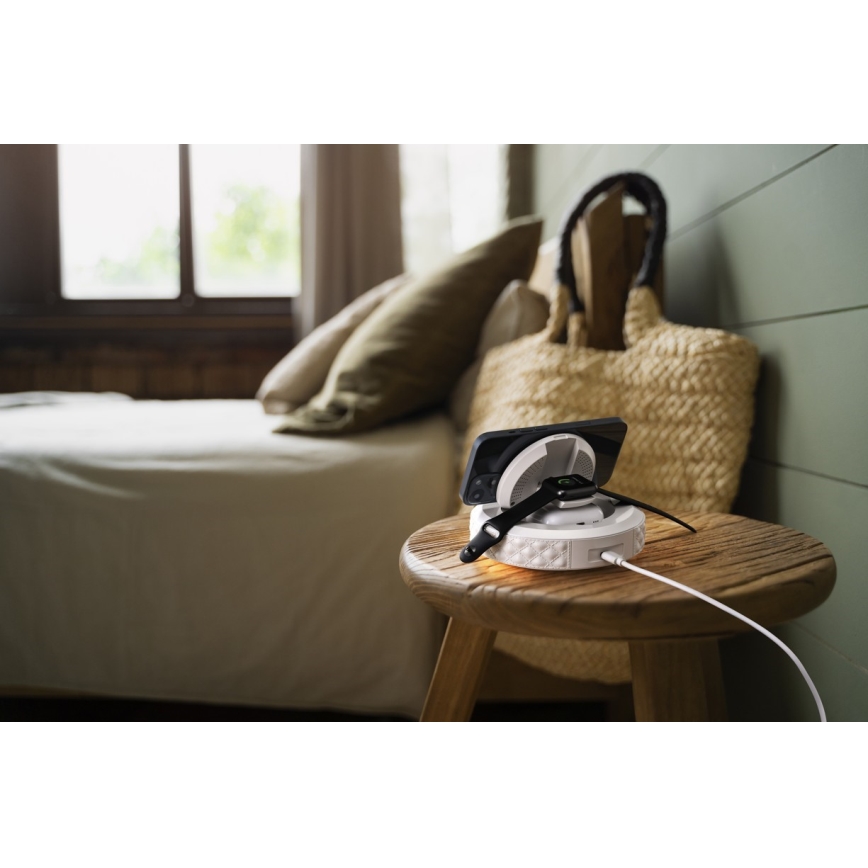 Ébresztőóra LCD kijelzővel és 27W/9V vezeték nélküli Qi töltővel, 220 mAh, fehér