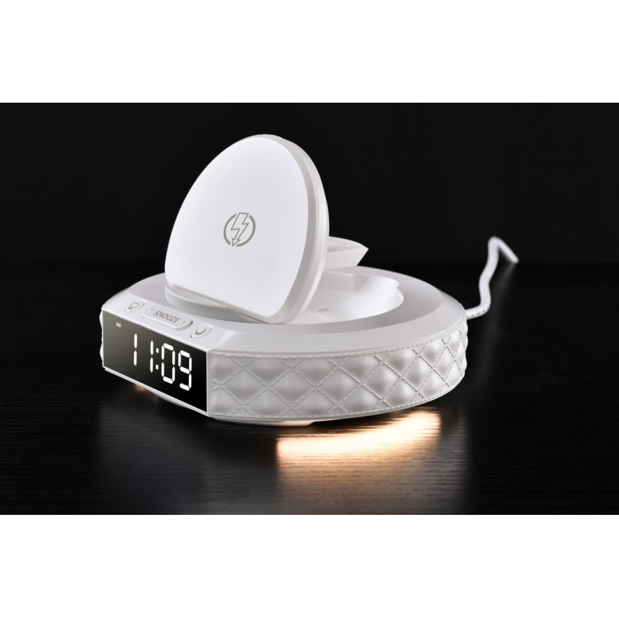 Ébresztőóra LCD kijelzővel és 27W/9V vezeték nélküli Qi töltővel, 220 mAh, fehér