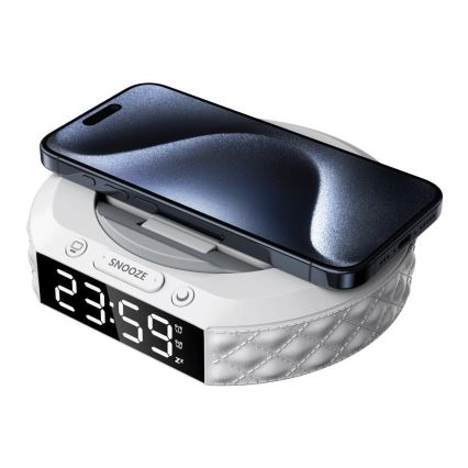 Ébresztőóra LCD kijelzővel és 27W/9V vezeték nélküli Qi töltővel, 220 mAh, fehér