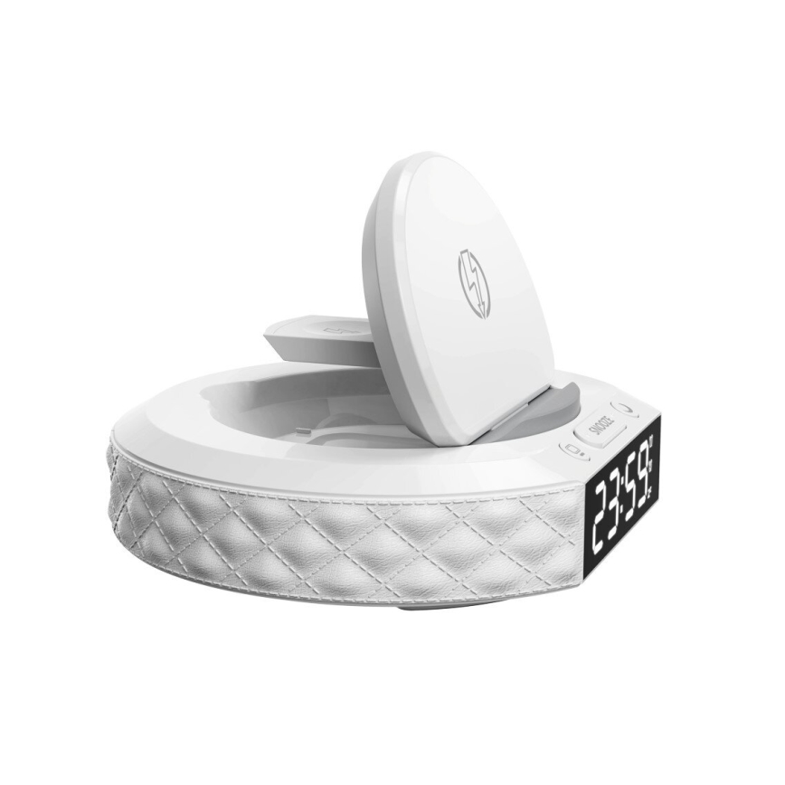 Ébresztőóra LCD kijelzővel és 27W/9V vezeték nélküli Qi töltővel, 220 mAh, fehér