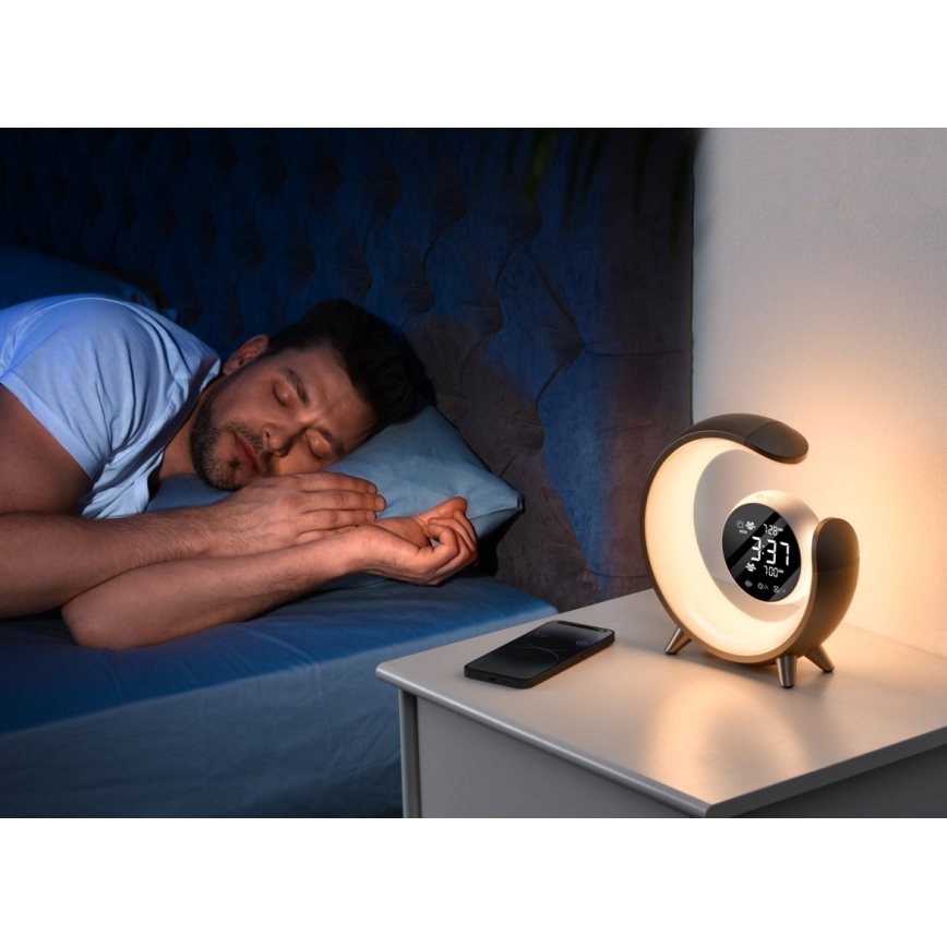 LED RGBW állítható fényerejű asztali lámpa ébresztőórával LED/20W/5V USB ezüst