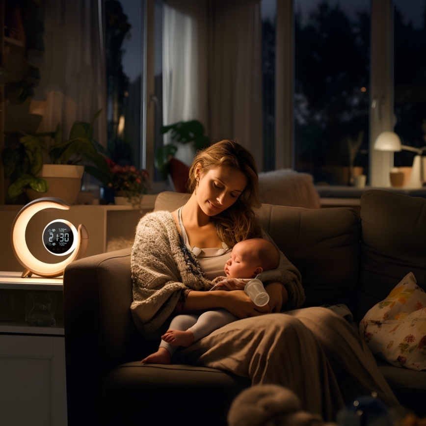 LED RGBW állítható fényerejű asztali lámpa ébresztőórával LED/20W/5V USB ezüst