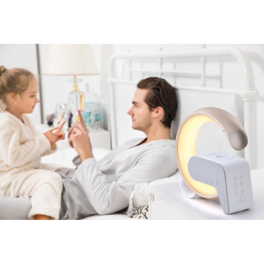 LED RGB Dimmelhető lámpa ébresztőórával és Qi töltéssel 30W/230V arany