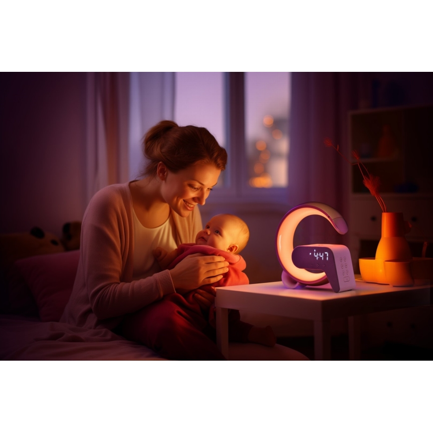 LED RGB Dimmelhető lámpa ébresztőórával és Qi töltéssel 30W/230V arany
