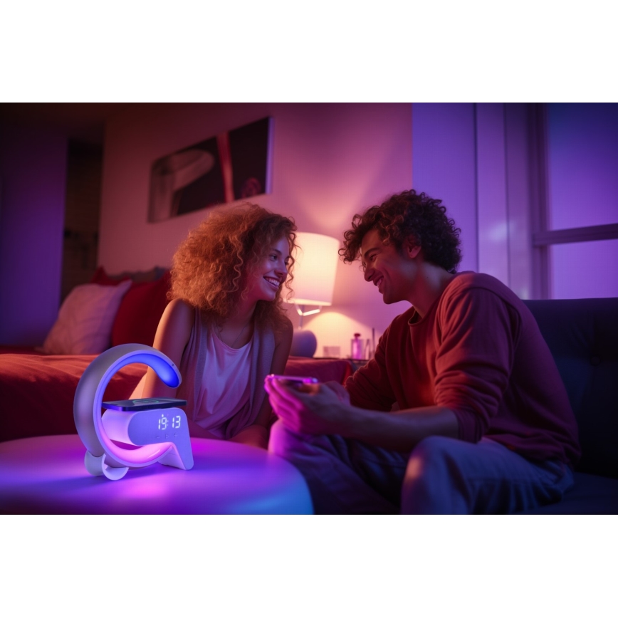 LED RGB Dimmelhető lámpa ébresztőórával és Qi töltéssel 30W/230V arany