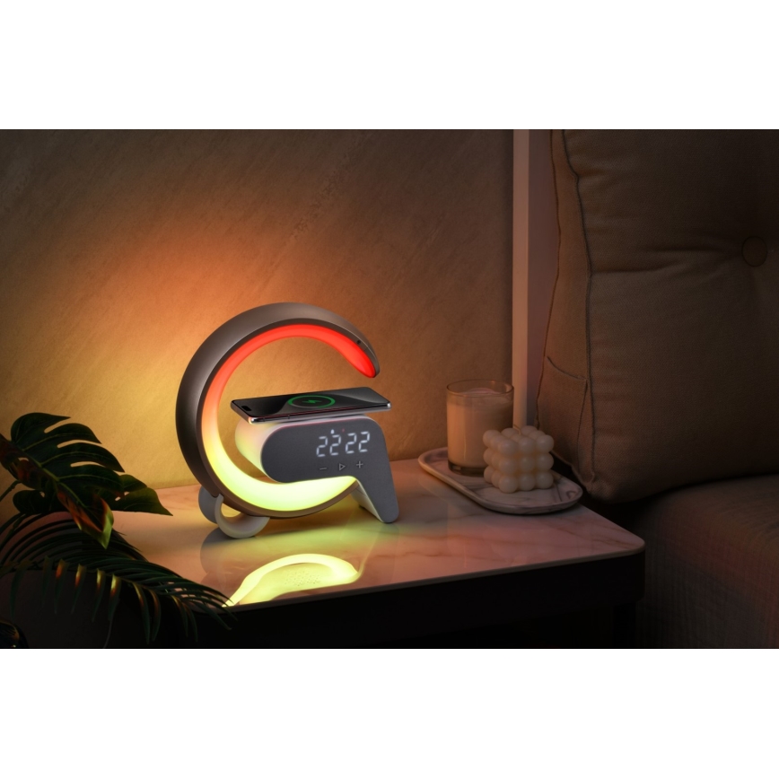 LED RGB Dimmelhető lámpa ébresztőórával és Qi töltéssel 30W/230V arany