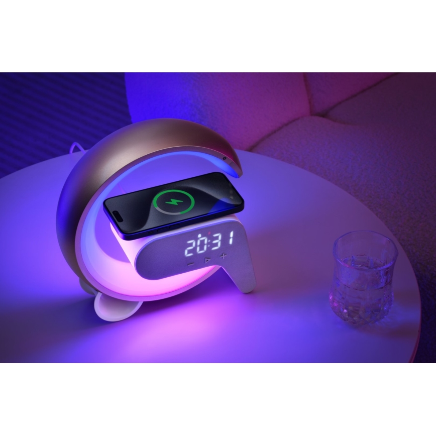 LED RGB Dimmelhető lámpa ébresztőórával és Qi töltéssel 30W/230V arany