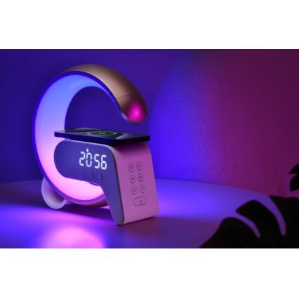 LED RGB Dimmelhető lámpa ébresztőórával és Qi töltéssel 30W/230V arany