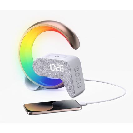 LED RGB Dimmelhető lámpa ébresztőórával és Qi töltéssel 30W/230V arany