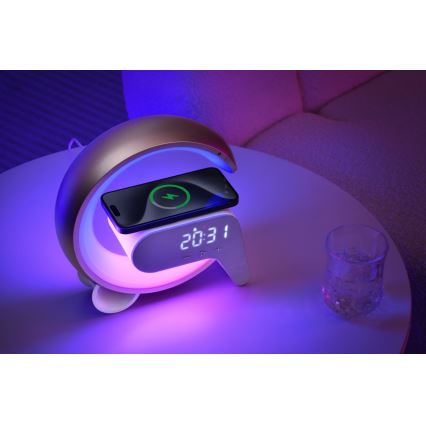 LED RGB Dimmelhető lámpa ébresztőórával és Qi töltéssel 30W/230V ezüst