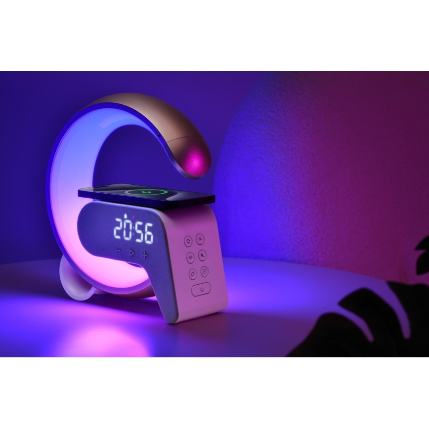 LED RGB Dimmelhető lámpa ébresztőórával és Qi töltéssel 30W/230V ezüst
