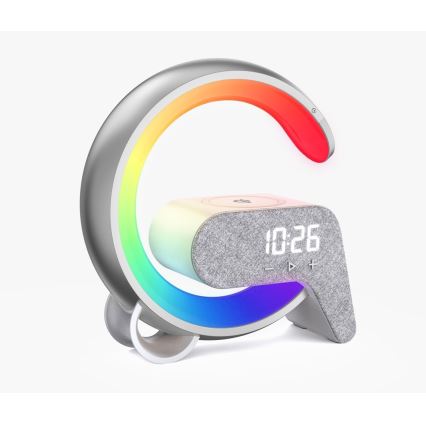 LED RGB Dimmelhető lámpa ébresztőórával és Qi töltéssel 30W/230V ezüst