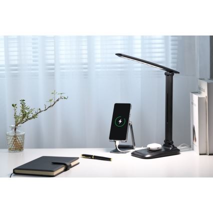 LED fényerőszabályozható asztali lámpa vezeték nélküli QI töltéssel és USB-vel LUMI LED/7W/230V fekete