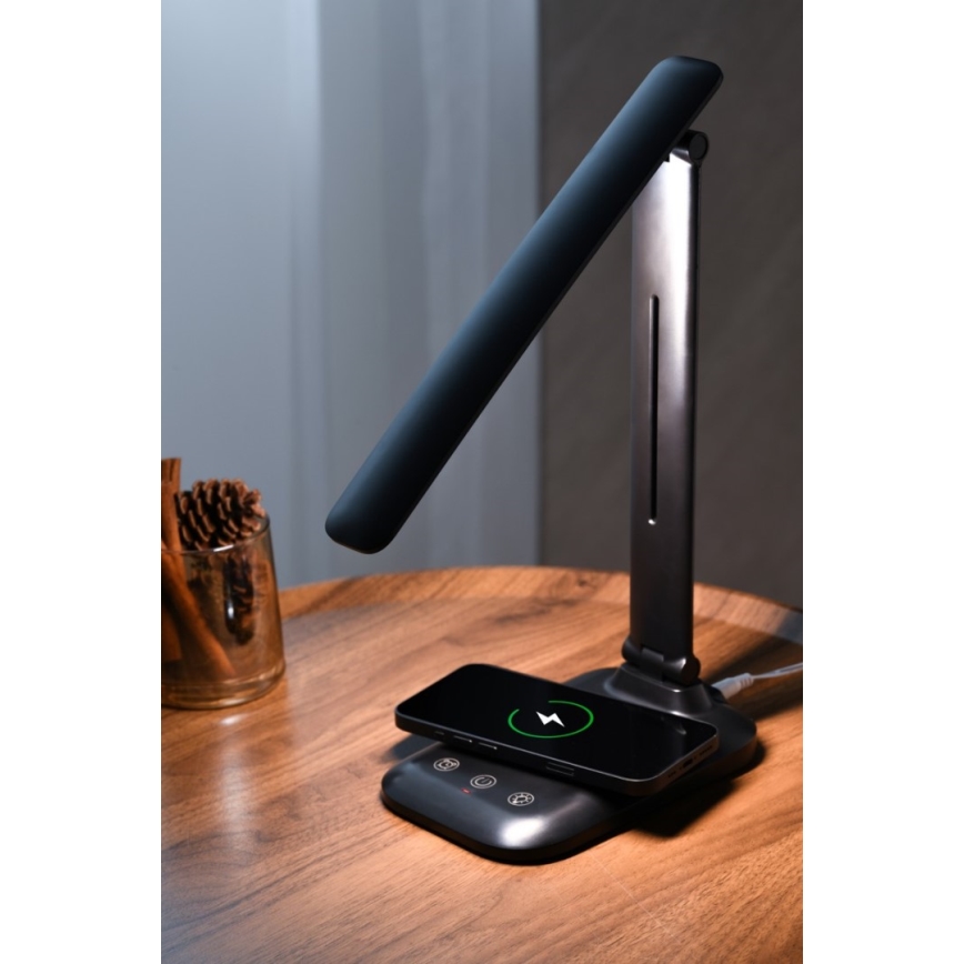 LED fényerőszabályozható asztali lámpa vezeték nélküli QI töltéssel és USB-vel LUMI LED/7W/230V fekete