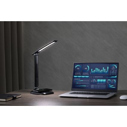 LED fényerőszabályozható asztali lámpa vezeték nélküli QI töltéssel és USB-vel LUMI LED/7W/230V fekete