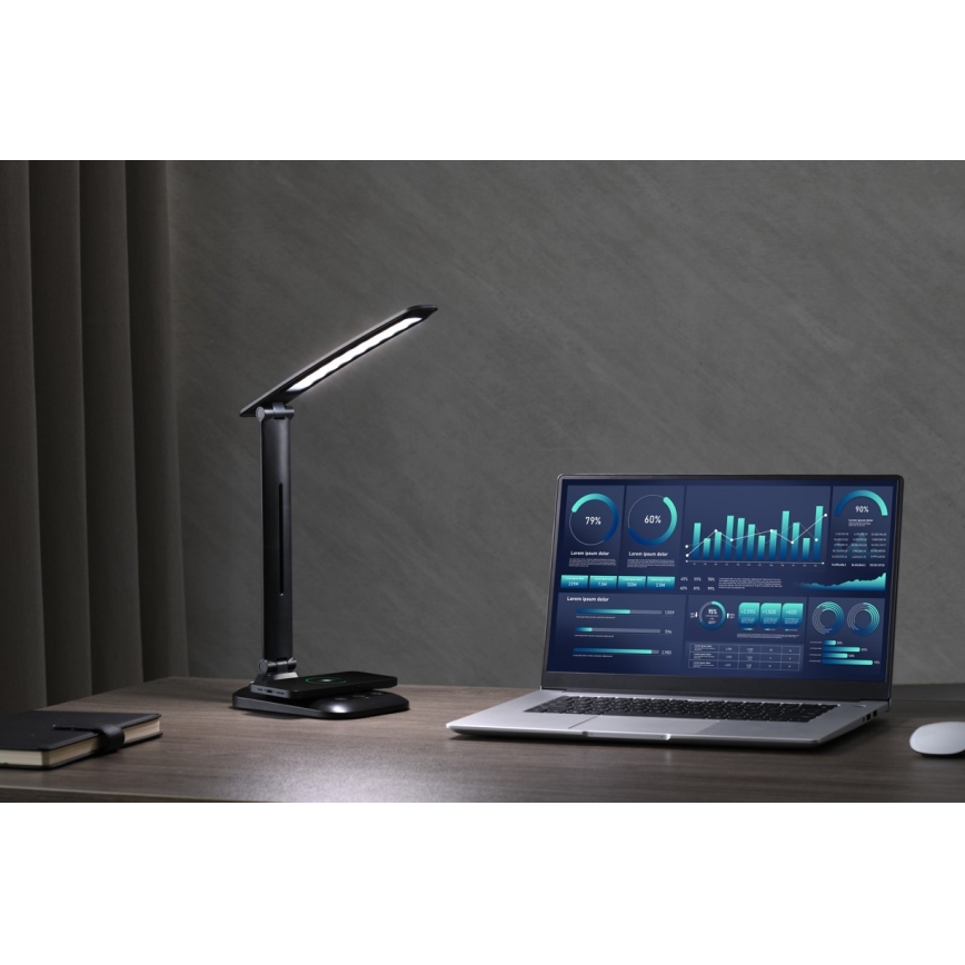 LED fényerőszabályozható asztali lámpa vezeték nélküli QI töltéssel és USB-vel LUMI LED/7W/230V fekete