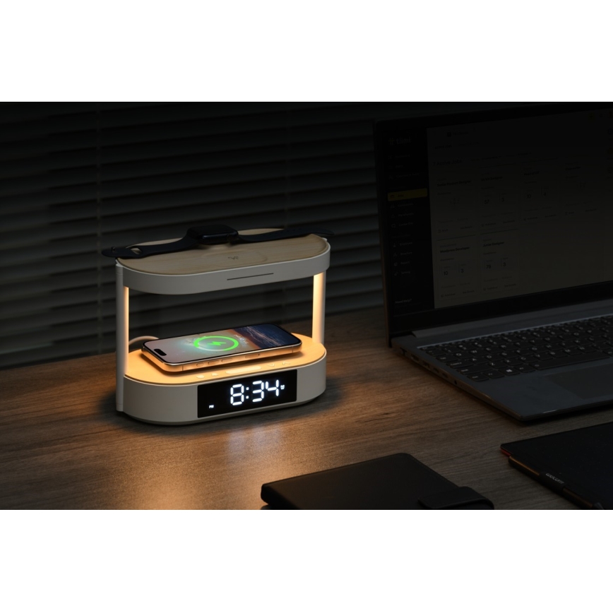 Fényerőszabályozható LED asztali lámpa ébresztővel és töltőfunkcióval TRIPLE DOCK LED/1,5W/5V