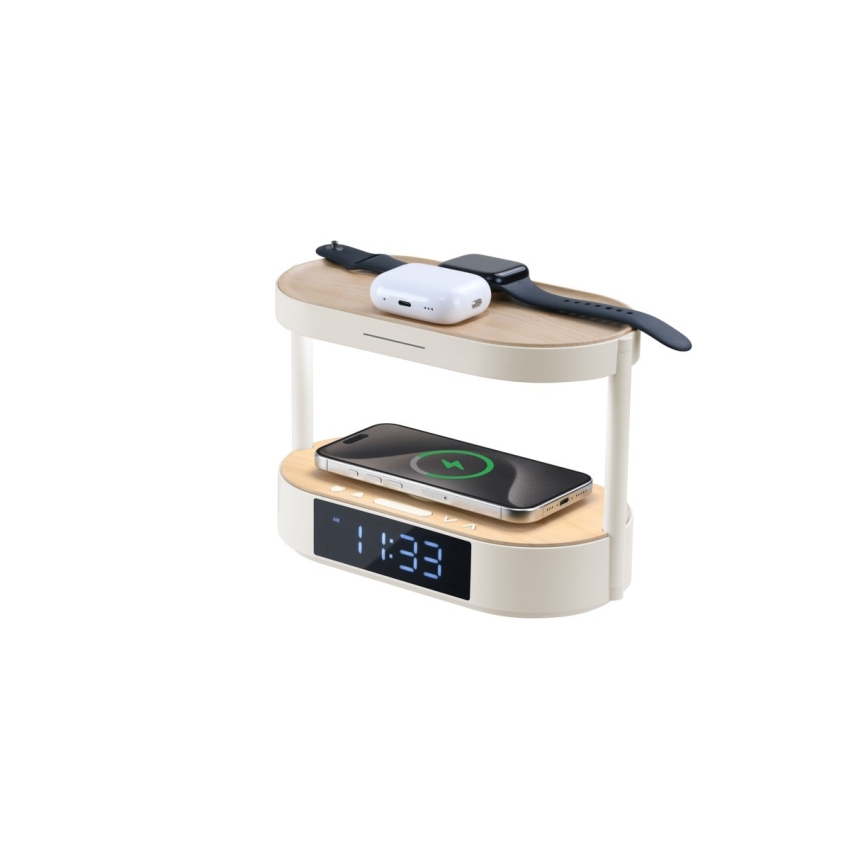 Fényerőszabályozható LED asztali lámpa ébresztővel és töltőfunkcióval TRIPLE DOCK LED/1,5W/5V