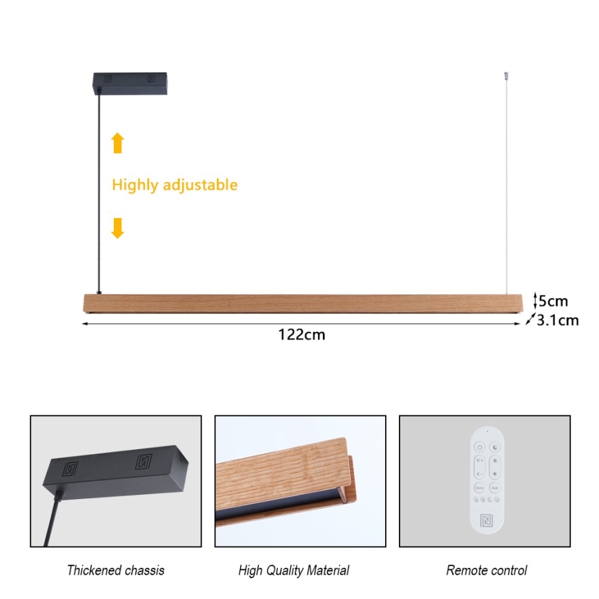 Immax NEO 07303L - LED fényerőszabályozható kábeles csillár MADEIRA LED/26W/230V Wi-Fi Tuya 122 cm tölgy + távirányító