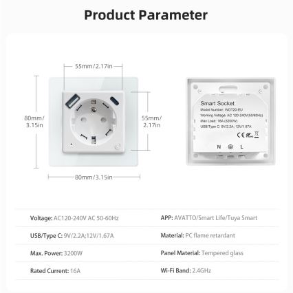 Immax NEO 07544L - Okos aljzat E 16A/230V + 1xUSB-A+1xUSB-C PD 20W Tuya Wi-Fi