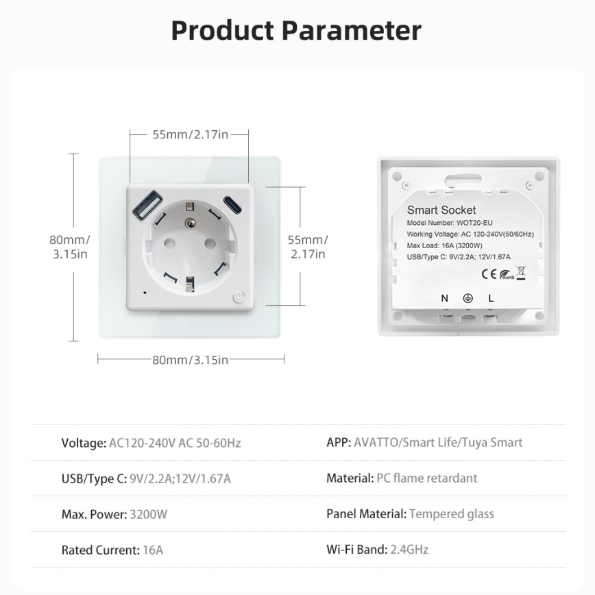 Immax NEO 07544L - Okos aljzat E 16A/230V + 1xUSB-A+1xUSB-C PD 20W Tuya Wi-Fi