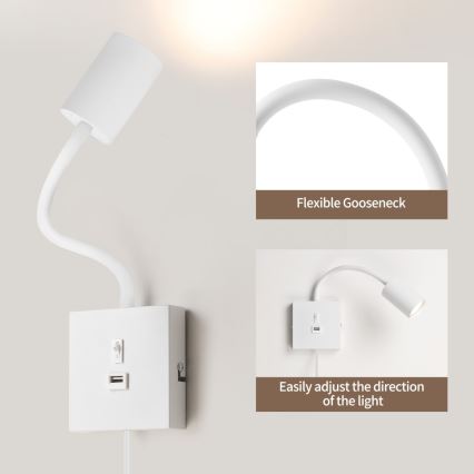 Immax NEO 08296L - PUNTO USB-portos fali lámpa 1xGU10/9W/230V fehér