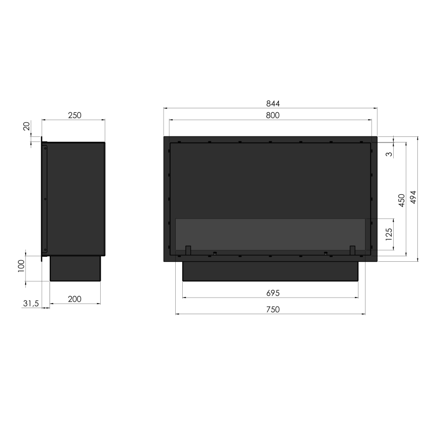 InFire - Beépített BIO kandalló 49,4x84,4 cm 3,5kW fekete