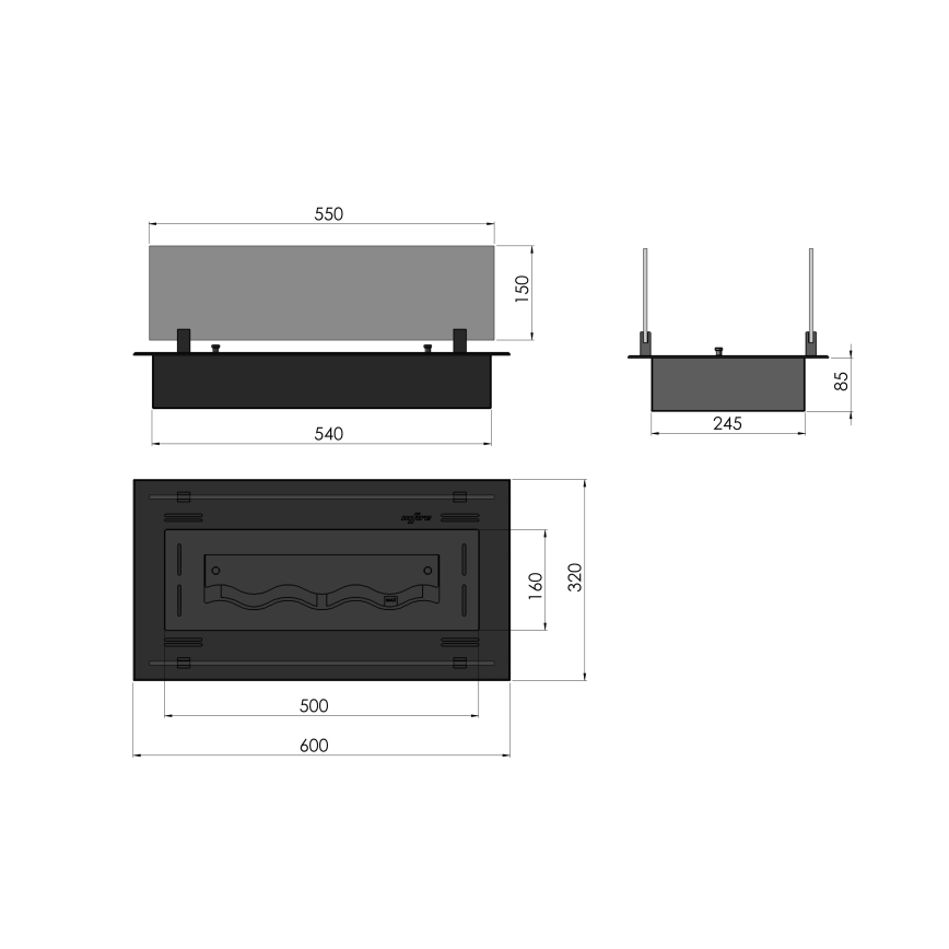 InFire - Beépített BIO kandalló 8,5x60 cm 3,5kW fekete