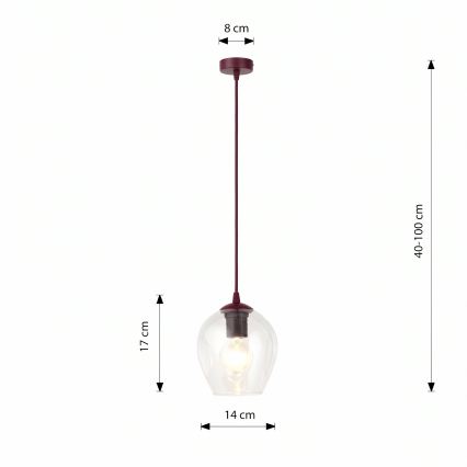ISTAR függőlámpa kábelen 1xE27/15W/230V Ø 14 cm piros/átlátszó