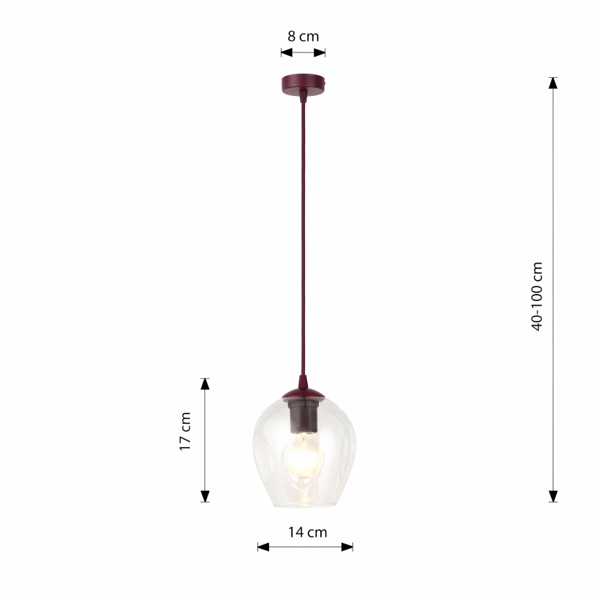 ISTAR függőlámpa kábelen 1xE27/15W/230V Ø 14 cm piros/átlátszó