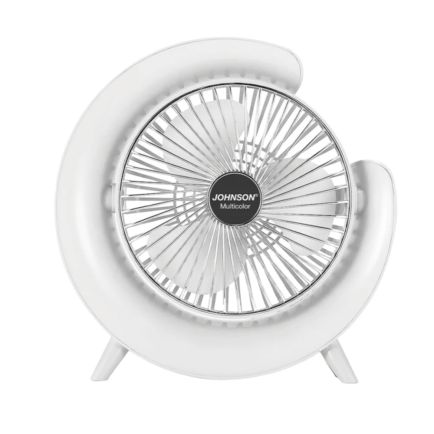 JOHNSON - RGB LED újratölthető asztali ventilátor, többszínű LED/5 W/3,7 V/1200 mAh, átm. 14 cm, fehér