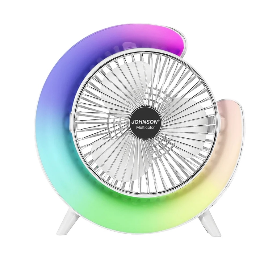 JOHNSON - RGB LED újratölthető asztali ventilátor, többszínű LED/5 W/3,7 V/1200 mAh, átm. 14 cm, fehér