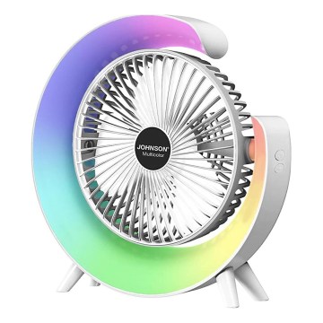 JOHNSON - RGB LED újratölthető asztali ventilátor, többszínű LED/5 W/3,7 V/1200 mAh, átm. 14 cm, fehér