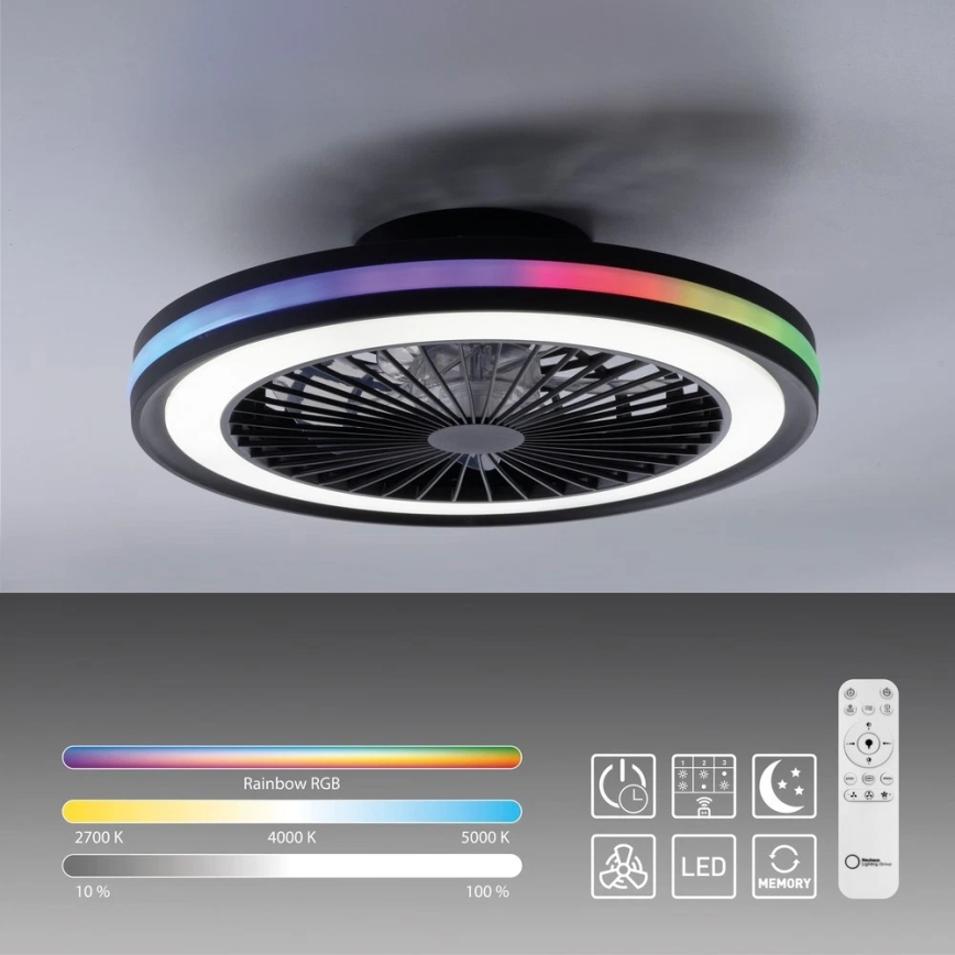 JUST LIGHT. 14649-18 - LED RGBW dimmelhető mennyezeti ventilátor világítással BRANDON LED/36W/230V 2700-5000K átmérő 46,5 cm fekete + távirányító
