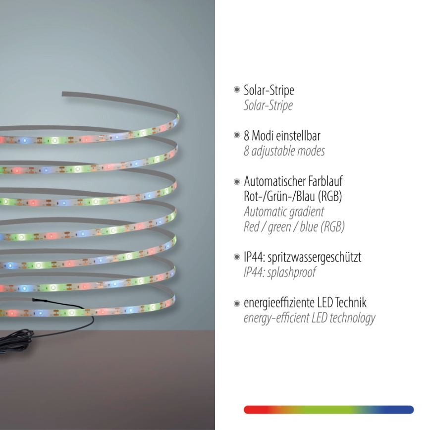 JUST LIGHT. 19971-18 - RGB LED napelemes szalag TEANIA LED/3,7V 5 m 1200 mAh IP44 fekete