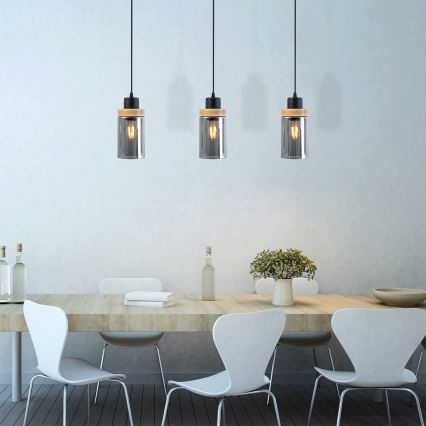 Kábelcsillár WOODNEST 3xE27/15W/230V fenyő/füstös fekete