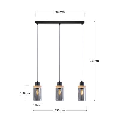 Kábelcsillár WOODNEST 3xE27/15W/230V fenyő/füstös fekete