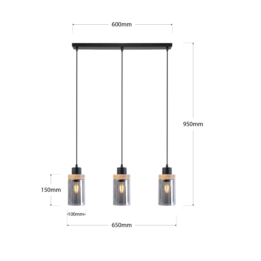 Kábelcsillár WOODNEST 3xE27/15W/230V fenyő/füstös fekete