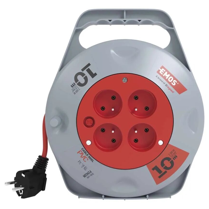 Kábeldobos hosszabbító 4 aljzattal, 10 m, szürke/piros