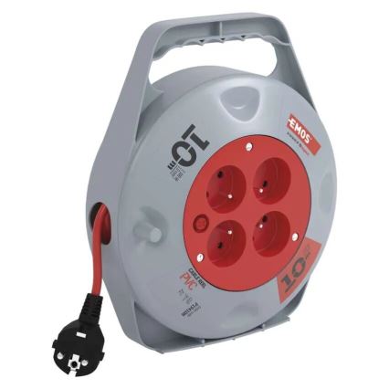 Kábeldobos hosszabbító 4 aljzattal, 10 m, szürke/piros