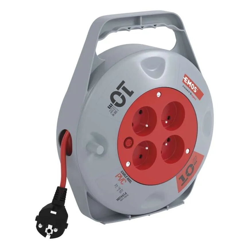 Kábeldobos hosszabbító 4 aljzattal, 10 m, szürke/piros