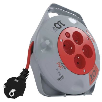 Kábeldobos hosszabbító 4 aljzattal, 10 m, szürke/piros